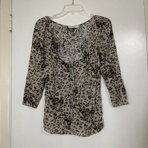 REBECCA TAYLOR brown Cheetah chiffon ruffle vneck blouse top size 0